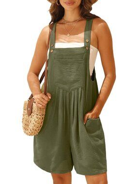 Women's Green Rompers Summer Wide Leg Shorts Overalls Adjustable Strap Bib